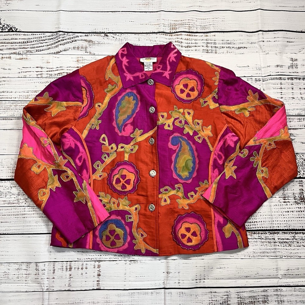 Vtg Sandy Starkman Women's M Boho Pink Neon Bright Silk Blend Embroidered Jacket - Picture 2 of 10